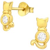 Joy|S - Zilveren kat poes oorbellen - 5 x 9 mm - zirkonia - oorknoppen - 14k goudplating