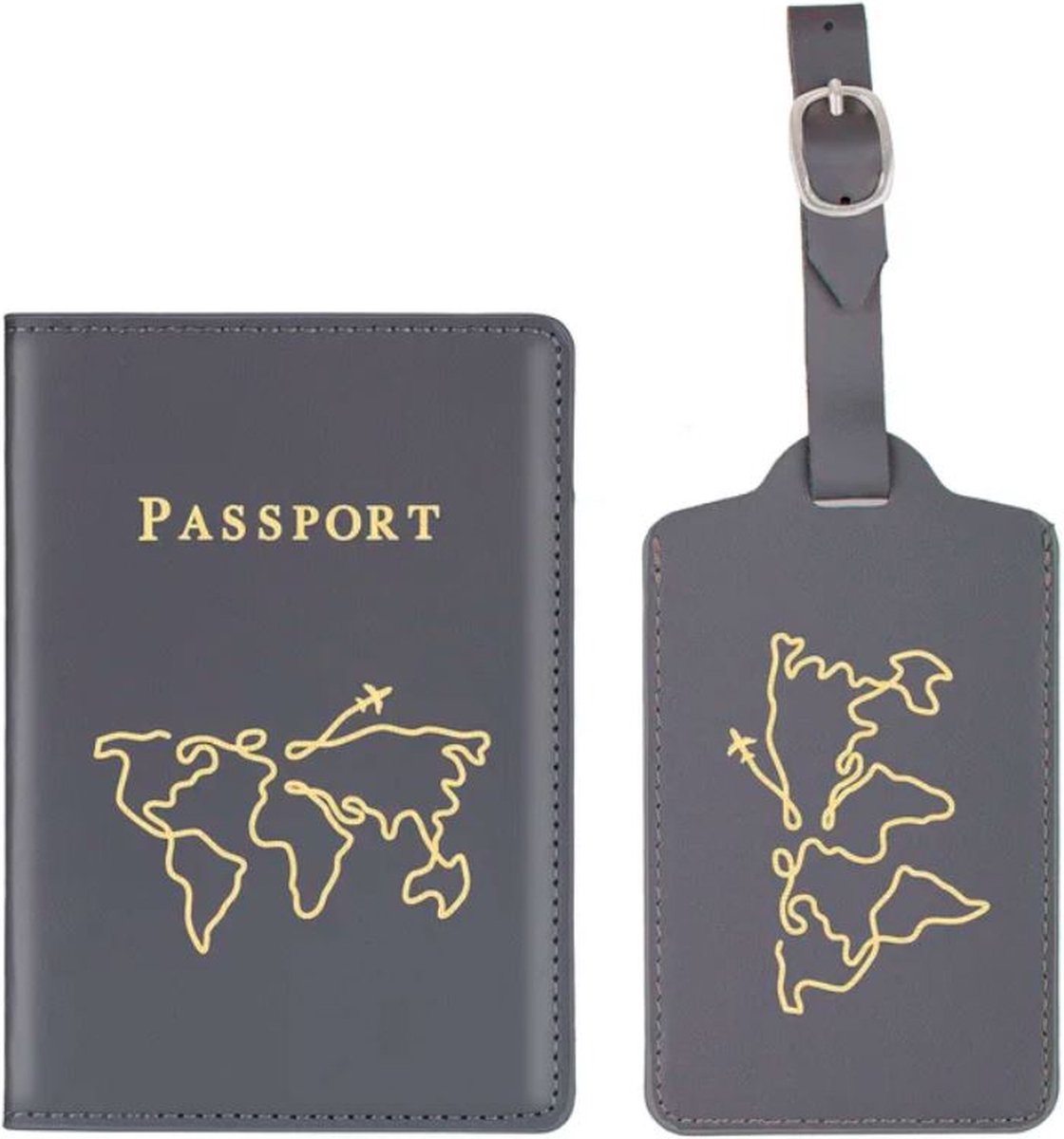 Paspoort hoesje met kofferlabel - Paspoorthouder - Bagage label - Vliegen - Vakantie - Grijs / Goud - PU leer - 11 cm x 17 cm