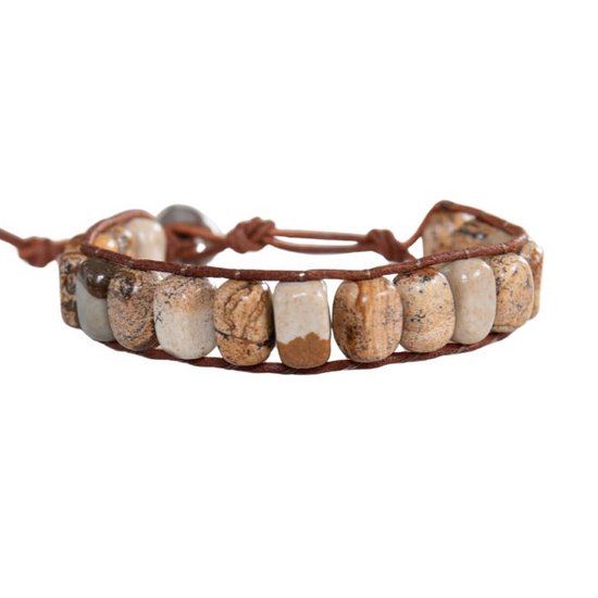 Marama - bracelet pour homme en cuir Jasper marron - réglable - pierre précieuse - unisexe