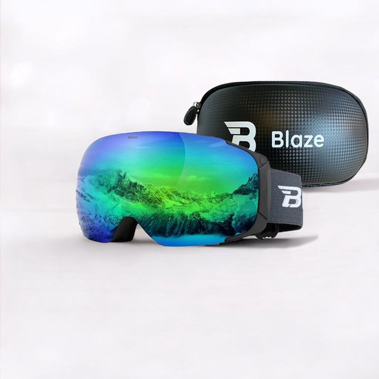 Skibril met spiegelende blauwgroene lens en donkergrijs band met wit logo. Inclusief bewaarhoes.