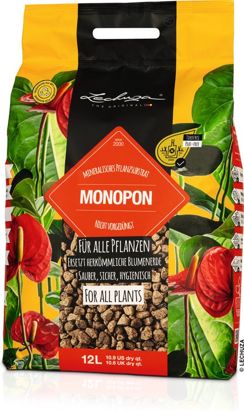 Lechuza Monopon, 12L mineraal plantensubstraat voor alle planten, torfvrij. Oranje en zwart met rode anthuriums en groene bladeren.