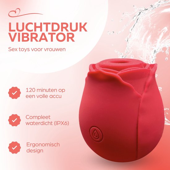 Rode roos vibrator. Luchtdruk vibrator, 120 minuten op volle accu, compleet waterdicht (IPX6), ergonomisch design.