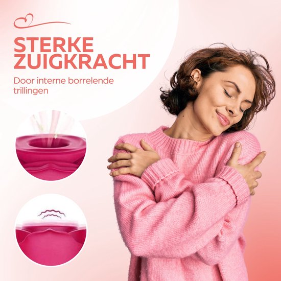 Vrouw met gesloten ogen, omhelst zichzelf, naast afbeeldingen van de sterke zuigkracht van de roze roos vibrator.
