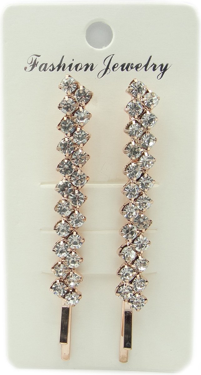 2 Haarspeldjes schuifspeldjes 7 cm rose-gold recht met 2 rijen kleurloze strass steentjes glitter