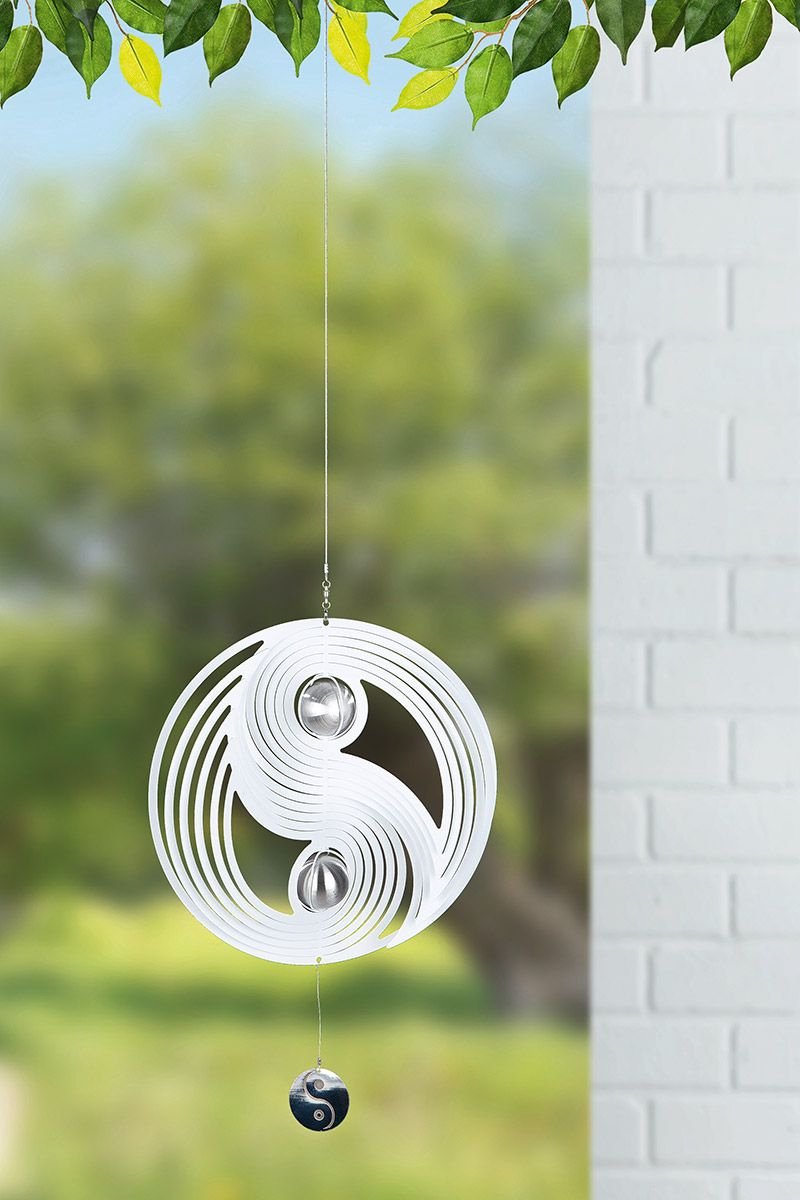 Windspinner Yin Yang RVS zwart wit -25 cm rond hoogte met koord 90 cm