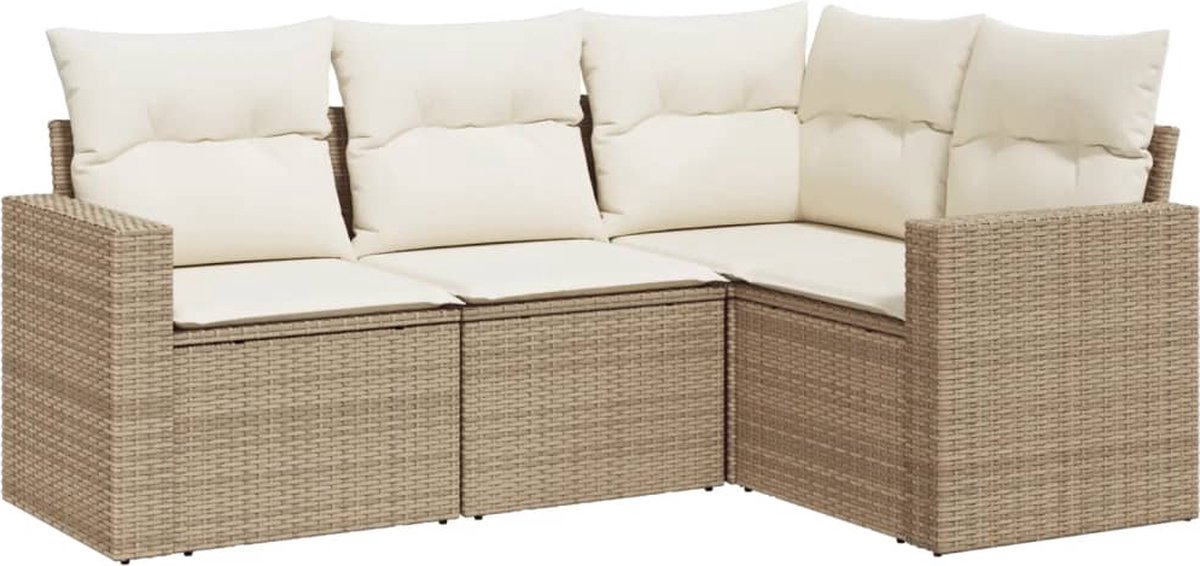 vidaXL 4-delige - Loungeset - met - kussens - poly - rattan - beige