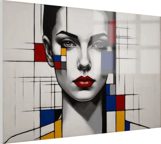 Vrouw Piet Mondriaan stijl schilderij - Abstract muurdecoratie - Wanddecoratie Piet Mondriaan - Schilderijen op glas industrieel - Plexiglas schilderijen - Decoratie woonkamer - 150 x 100 cm 5mm