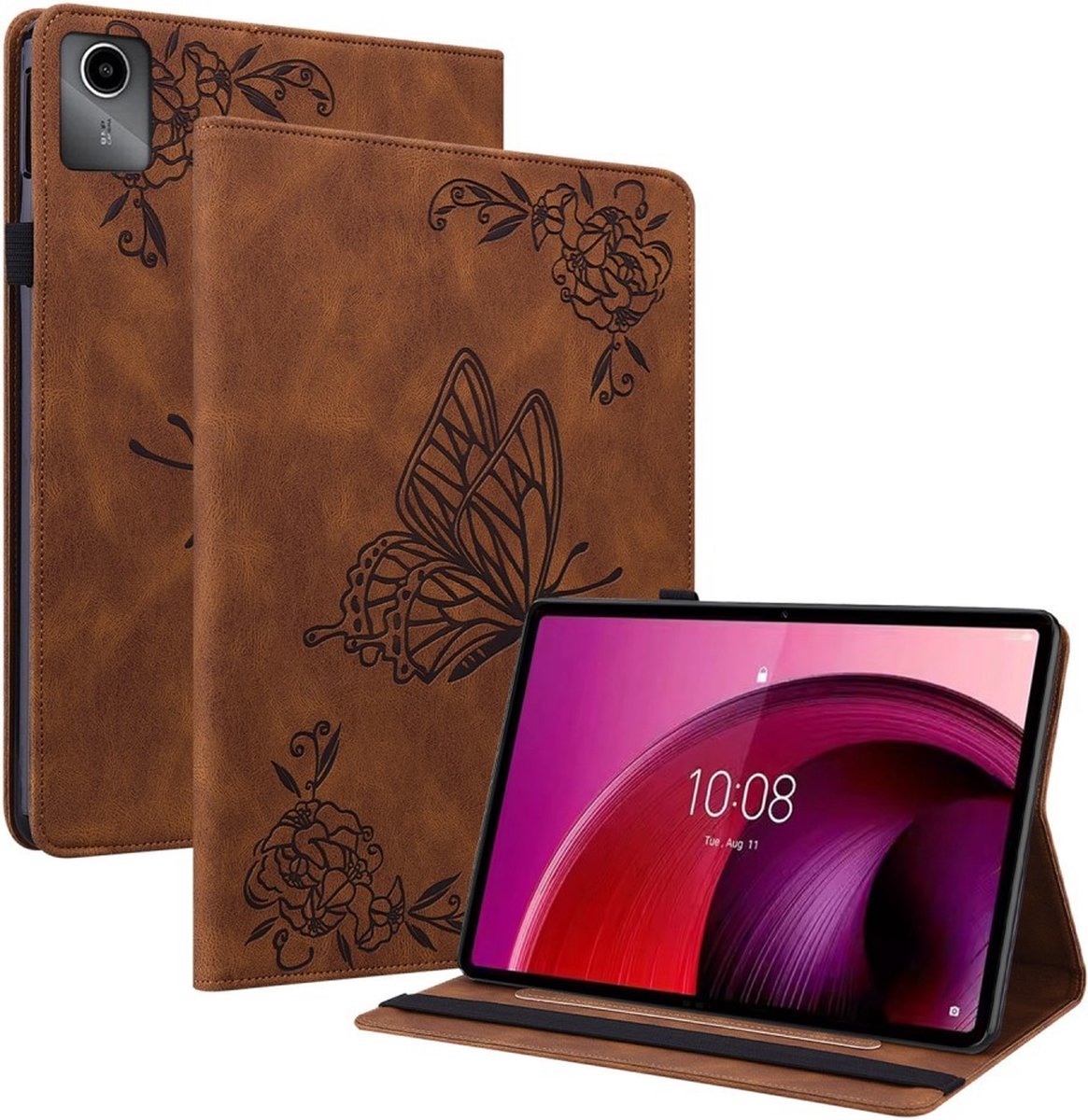 Tablethoes geschikt voor Lenovo Tab M11 Hoesje - Vlinder & Bloemen Book Case - Bruin