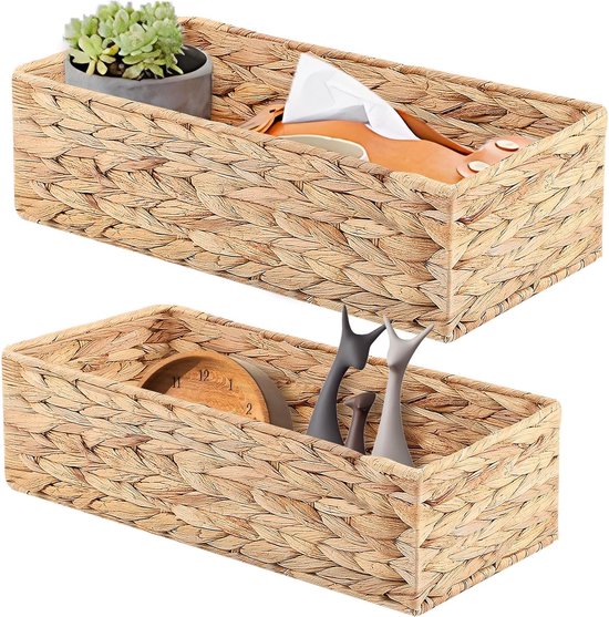 Rotan opbergmand rechthoekig shabby grijs - 34 x 24 cm - rekmand van wilgentenen gevlochten met handgrepen - houten mand rieten mand houten decoratie mand badkamer plank kast organizer