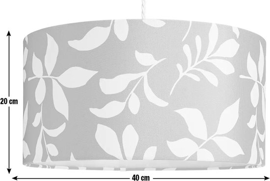 Lampenkap van 20x40cm met grijs en wit bladerpatroon.