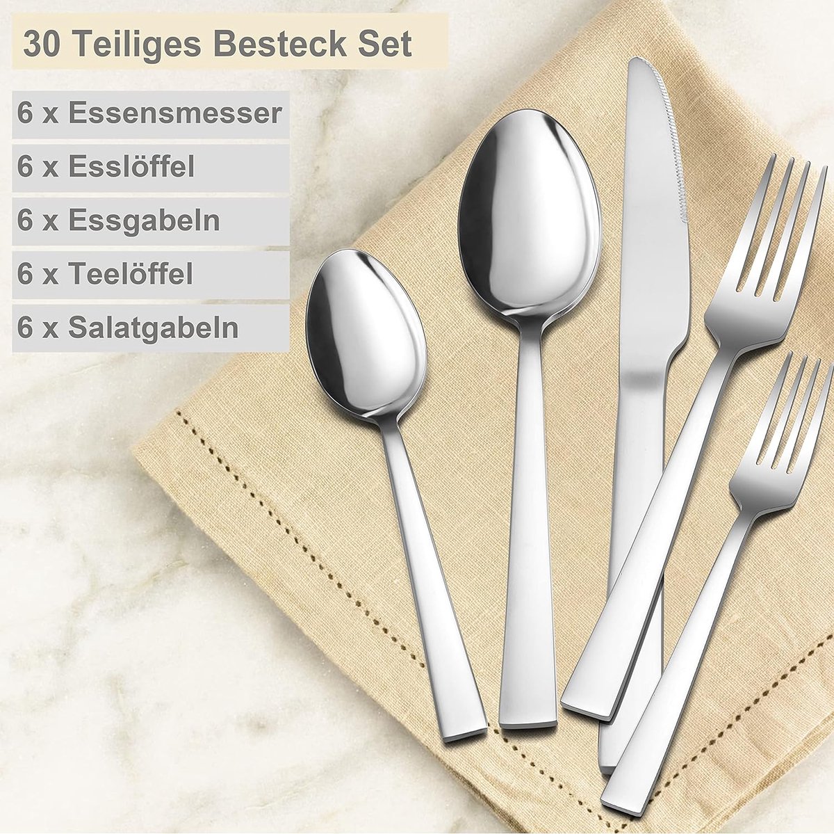 Bestekset, spiegelgepolijst roestvrij staal, vaatwasserbestendig / Gezond en duurzaam 30-Piece