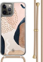 Casimoda® hoesje met beige koord - Geschikt voor iPhone 12 Pro - Abstract Dots - Afneembaar koord - TPU/polycarbonaat - Bruin/beige