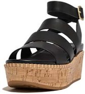 FitFlop Eloise Leather/Cork Strappy Wedge Sandals ZWART - Maat 39