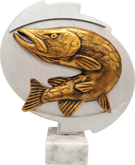 Trophée de brochet de Luxe XL en relief 3D Goud 32 cm Statue de brochet Statue de poisson Grand trophée de brochet Prix de compétition de brochet