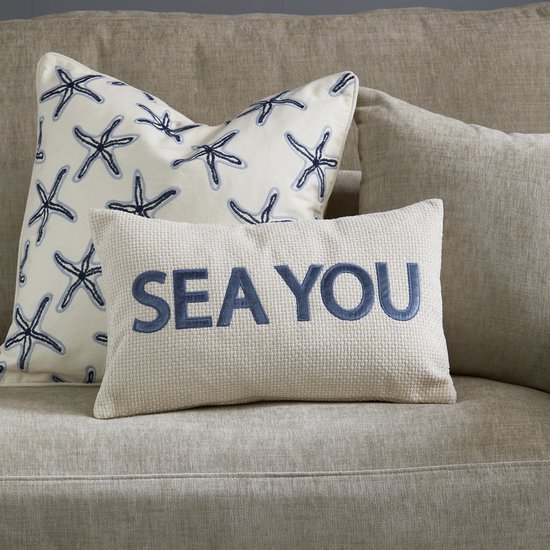 Riviera Maison Housse de coussin 50x30 blanc et bleu avec texte en tissu velours - Coussin décoratif Sea You rectangle