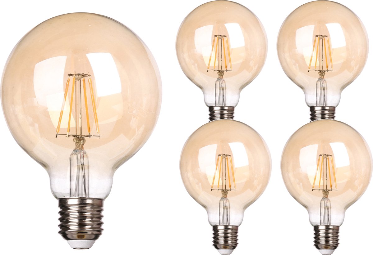 Trango Set van 5 LED E27 2500 Kelvin warm wit goudkleurig E27003*5 - 4 Watt - 400 lumen, filament lamp, amber vintage gloeilamp, LED Globe voor retro verlichting, LED lamp, Edison lamp G95, Ø 9,5cm