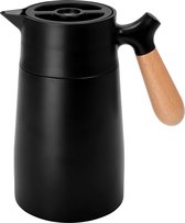 Koffiepot van roestvrij staal met houten handvat - 1,6 l dubbelwandige kan voor dranken - vacuüm geïsoleerde thermoskan - voor koffie thee water - thermosfles in zwart