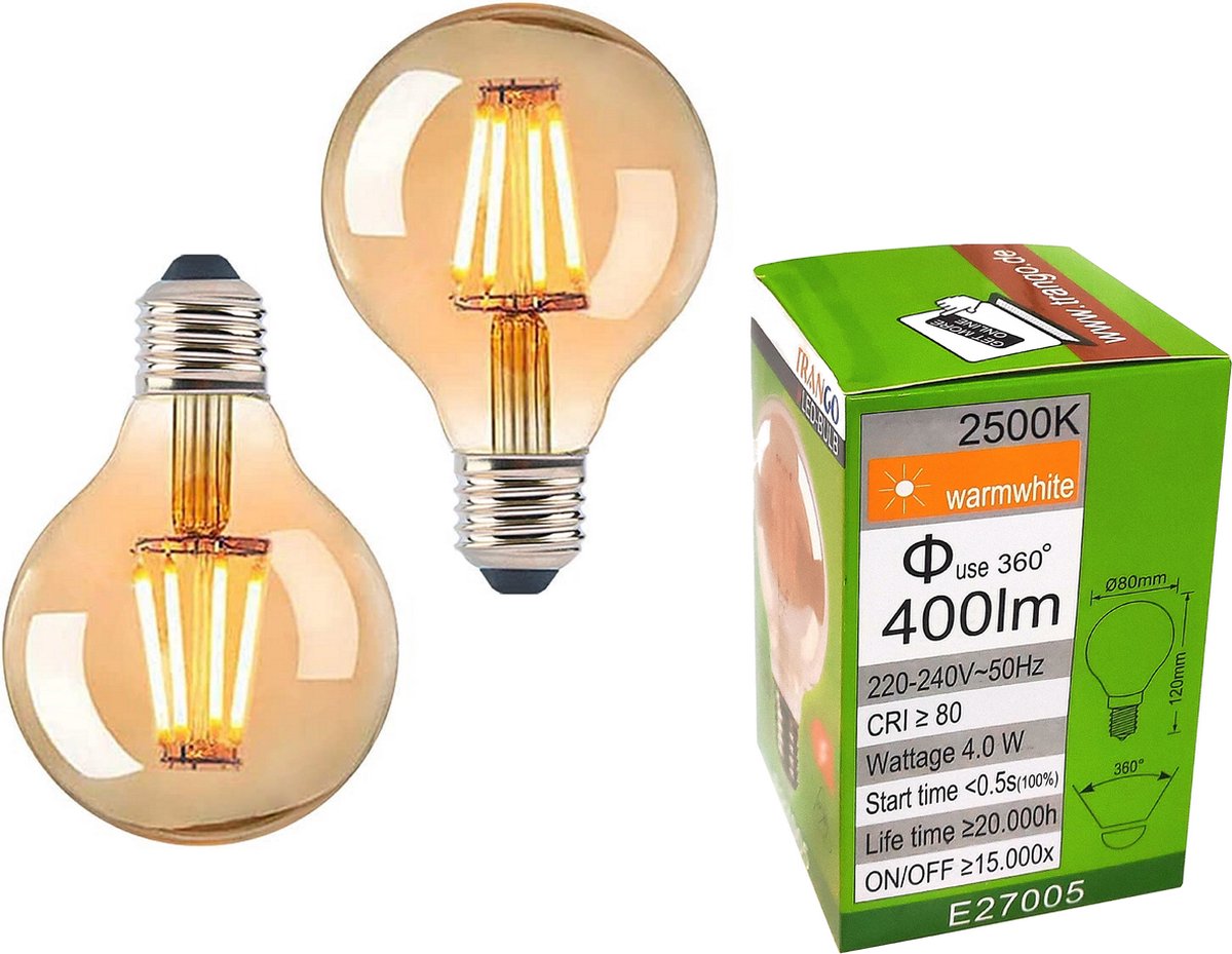 TrangoSet van 2 LED E27 3-traps dimbaar E27005*2 warm wit goudkleurig 2500 Kelvin 4 watt 400 lumen, G80 Ø8cm Filament Edison Gloeilamp, Amber Vintage Gloeilamp, Retro Verlichting Globe Bulb