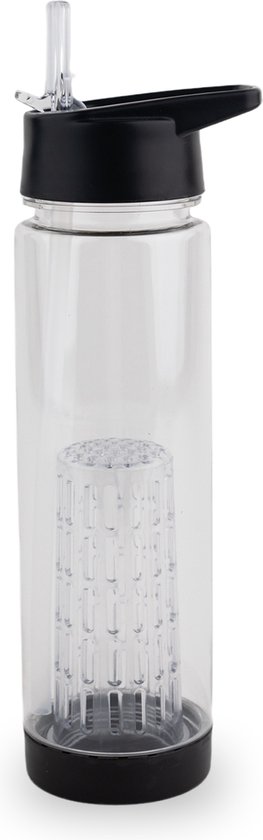 Drinkfles Zwart (750ML) - Met rietje & fruit infuser - Handige dop - Voor op werk en school