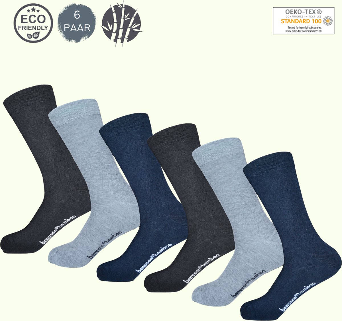 BENYSØN® Bamboe Sokken 6 Paar | Naadloos | Blauw, Grijs, Zwart | Maat 35-40 | Seamless Toes | OEKO-TEX Standaard 100