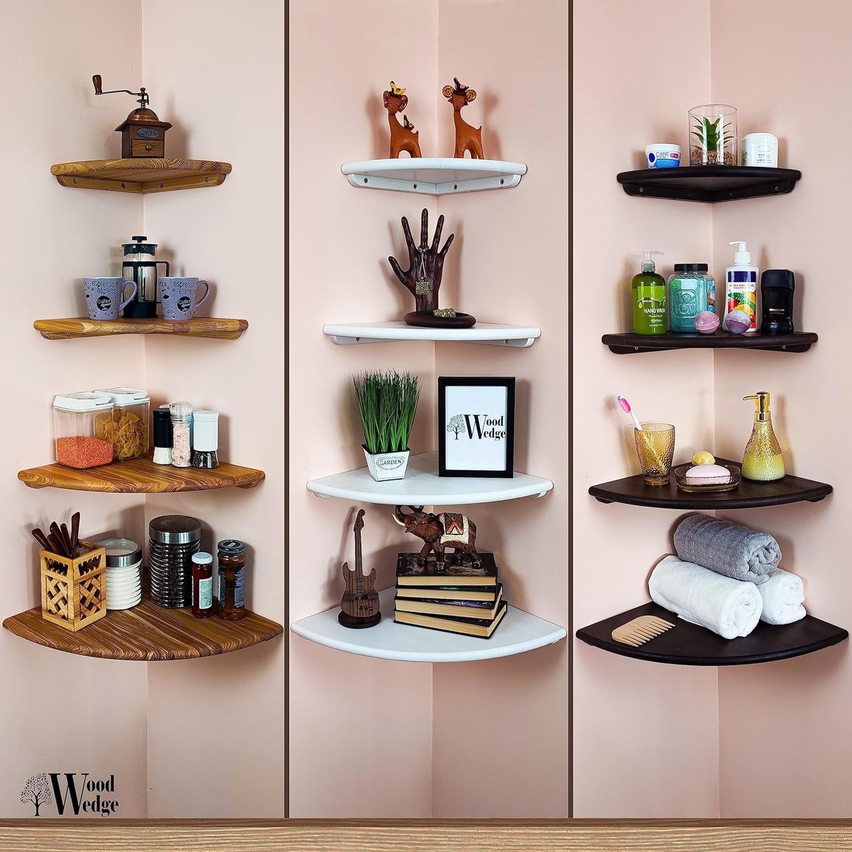 Set Van 5 Hoekplank,Natuurlijke Rustieke Houten Wandplanken,Massief Houten Hangende Presentatierekken,Laadvermogen 8 Kg,voor Woonkamer, Badkamer, Keuken