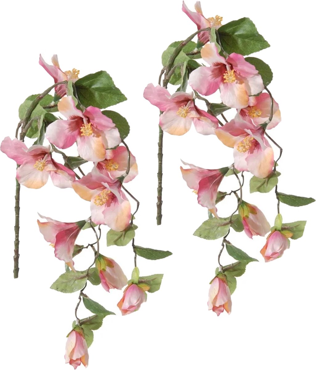 Louis Maes Hibiscus kunstbloemen - 2x - roze - hangende tak - 165 cm - zomer decoratie - levensecht - pvc kunststof