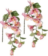 Louis Maes kunstbloemen - 2x - Hibiscus - roze - hangende tak van 165 cm - Hawaii/Zomer thema