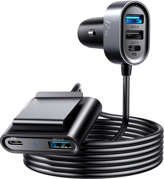 Reislader voor Auto - Autolader met USB C en USB 3.0 - Snellader - 72W - 1.5 Meter - Joyroom