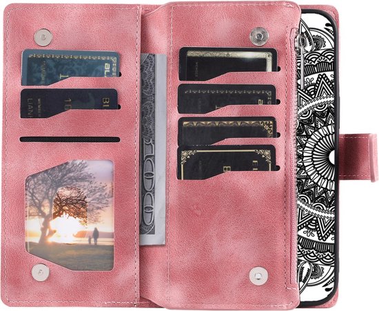 Samsung Galaxy A25 5G - Portefeuille avec fermeture éclair - book case cover - espace pour 8 cartes - mandala rose