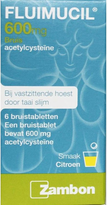 Fluimucil 600mg, 6 bruistabletten met citroensmaak, bij vastzittende hoest door taai slijm. Blauw met groene onderkant.