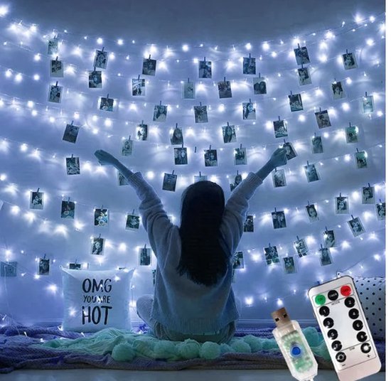 Voor haar - Voor hem - Cadeau - Huis - Decoratie - Modern - LED strip - Vrouwendag - Verrassing - Verlichting - Woonkamer - Slaapkamer - Kinderkamer - Led Lichtslinger 10M Foto Clip - Usb Batterij
