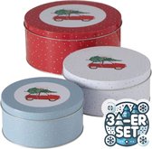 Set de 3 pots à biscuits en métal rond bleu rouge blanc voiture avec sapin de Noël hauteur assortie 6-9 cm