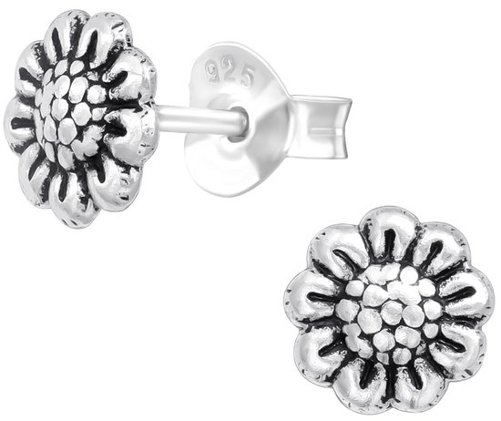 Joy|S - Zilveren bloem oorbellen - oorknopjes 6 mm - geoxideerd