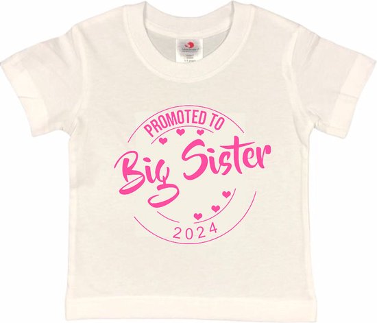 Shirt Aankondiging zwangerschap Promoted to Big Sister 2024 | korte mouw | wit/roze | maat 98/104 zwangerschap aankondiging bekendmaking Baby big sis sister