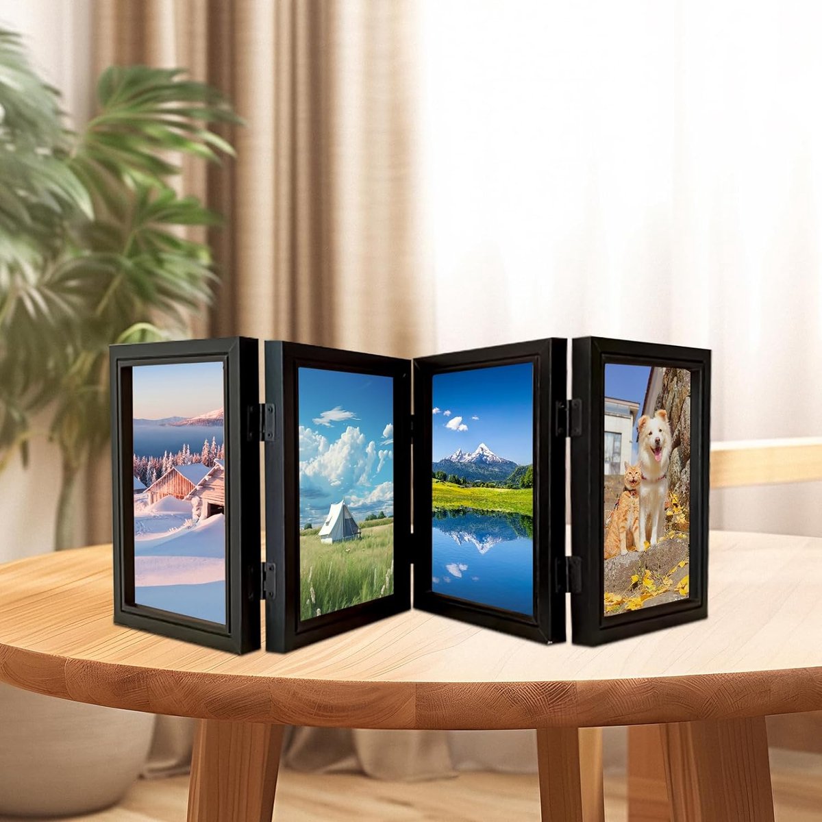 Navaris fotolijst voor 3 foto's - Drieluik voor foto's 10 x 15 cm -Staand fotolijstje - Inklapbaar - 32,7 x 15,6 cm - Met goudkleurige lijst - Maat XS