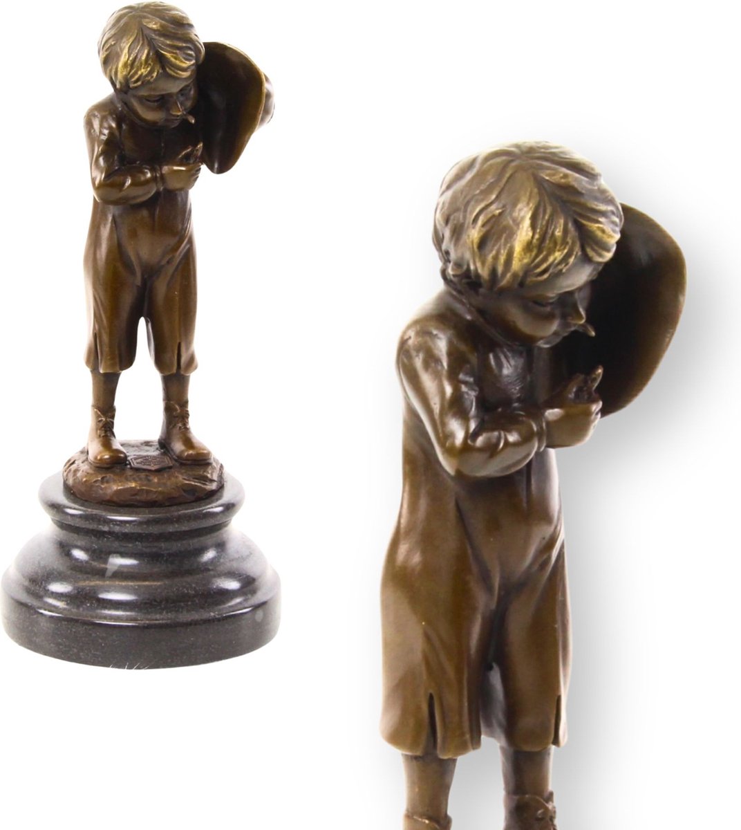 Jongen met Sigaret - Bronzen Beeld - Gesigneerd Sculptuur - Brons Beeldje op Marmer Sokkel - Kunstwerk met officiële Bronsstempel - Sigaretten Roken Kunst - 10x10x22