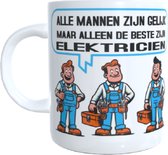 Koffie beker - thee mok tekst - spreuk alle mannen zijn gelijk - elektricien - cartoon afbeelding