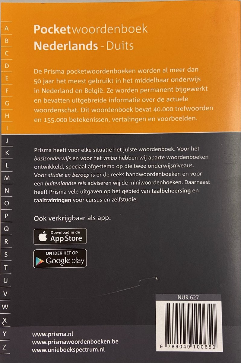 Achterkant van het Prisma Pocketwoordenboek Nederlands-Duits met tekst over het product en QR-codes.