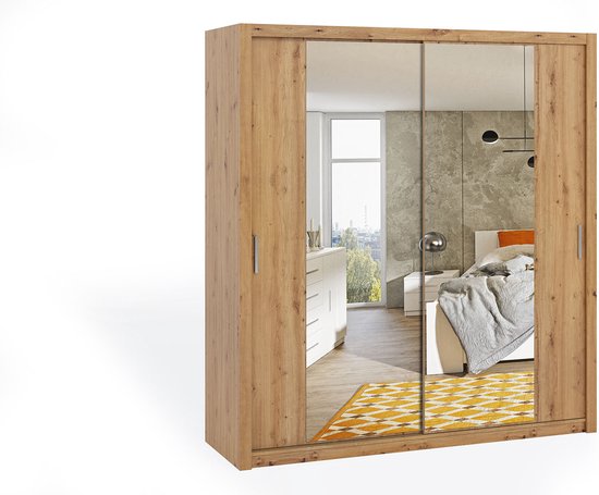 Bono 200 schuifkast, kledingkast met spiegel, planken, hangers, voor de slaapkamer, breedte 200 cm, kledingkast met schuifdeuren artisan oak, bruin