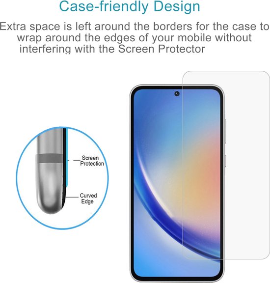 Schermprotector met 'Case-friendly Design' en een close-up van de gebogen rand.