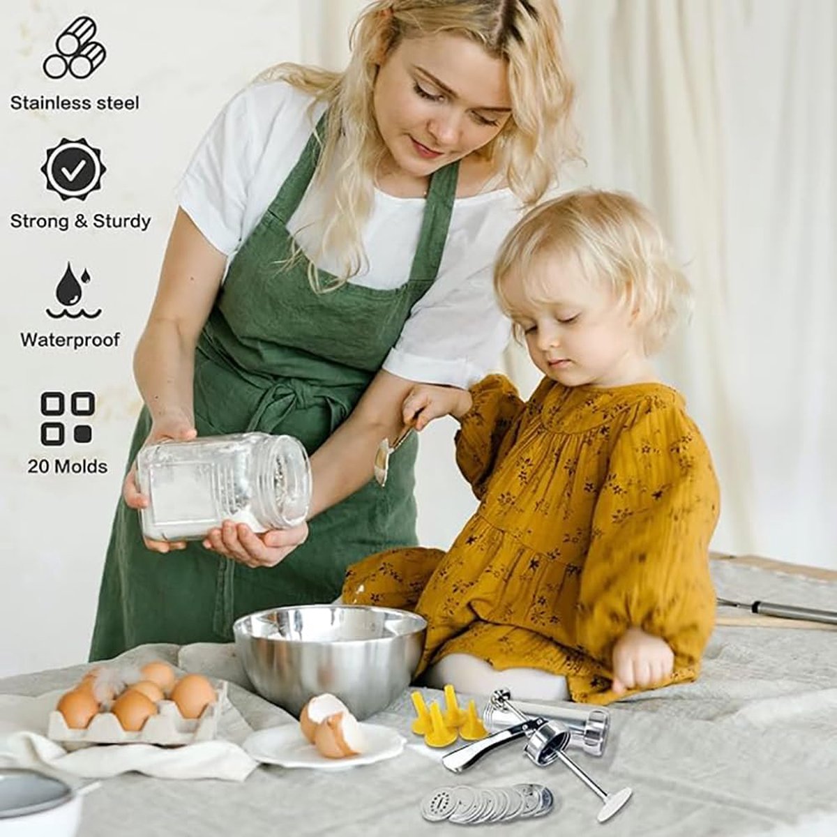 GAMKII Churro Maker Machine van roestvrij staal, churro-pistoolset met 4 schijven voor holle churro, 5 koekjesschijven, 6 spuitmonden voor icing, 2 schone borstels voor taartdessert DIY Maker