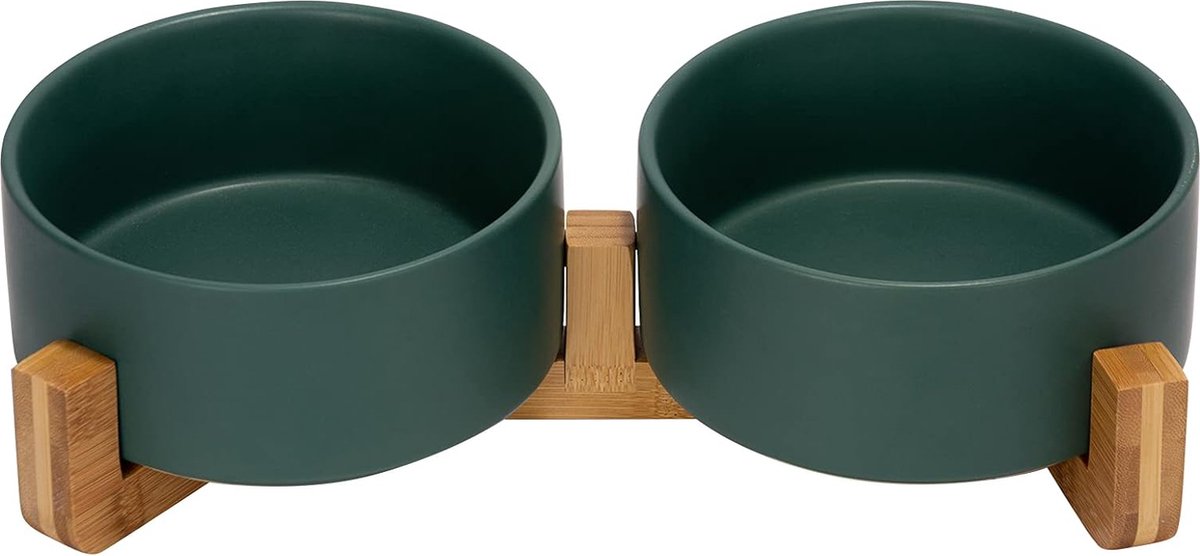 Dubbele keramische hondenkom met bamboe standaard voor katten en honden - 850 ml, groen