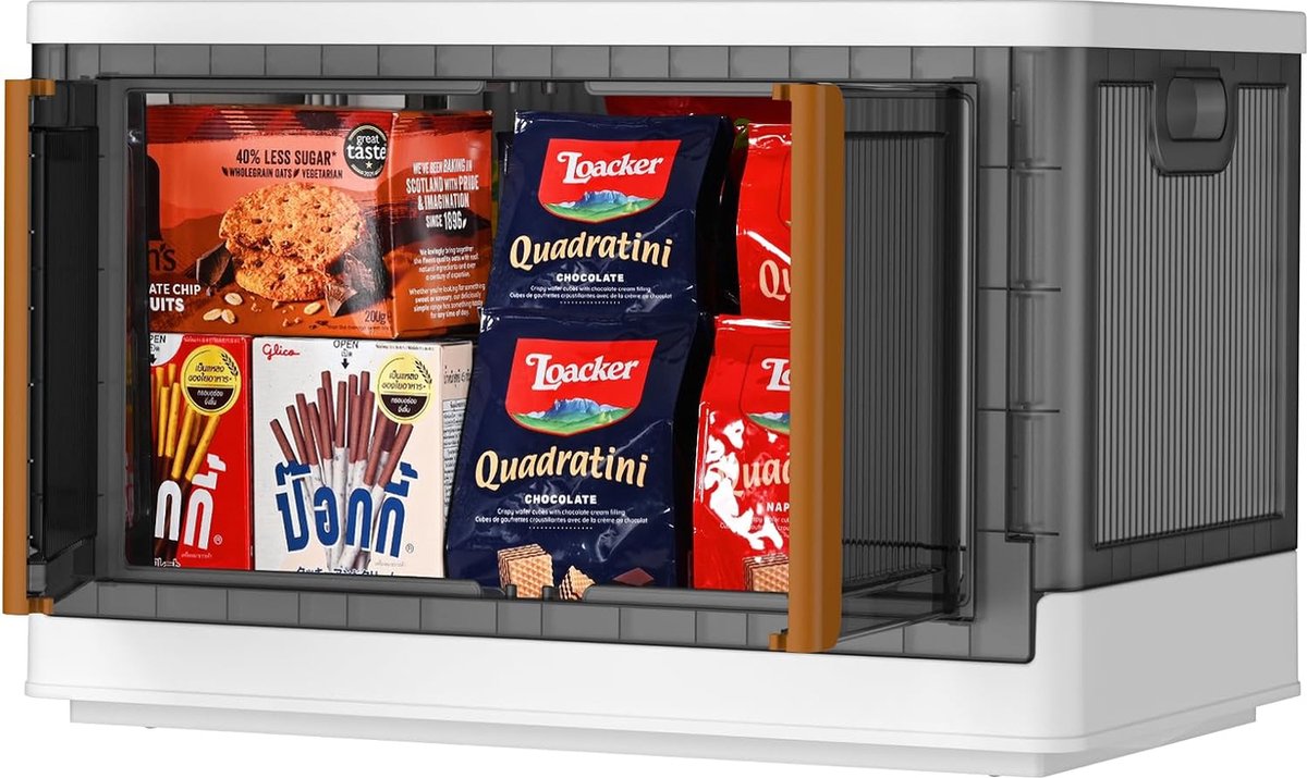 Opvouwbare opbergdoos met deksel, 72 liter, stapelbare kisten, opbergdoos, kunststof box, klapbox met deuren en wielen, transparant, voor woonkamer, keuken, levensmiddelen