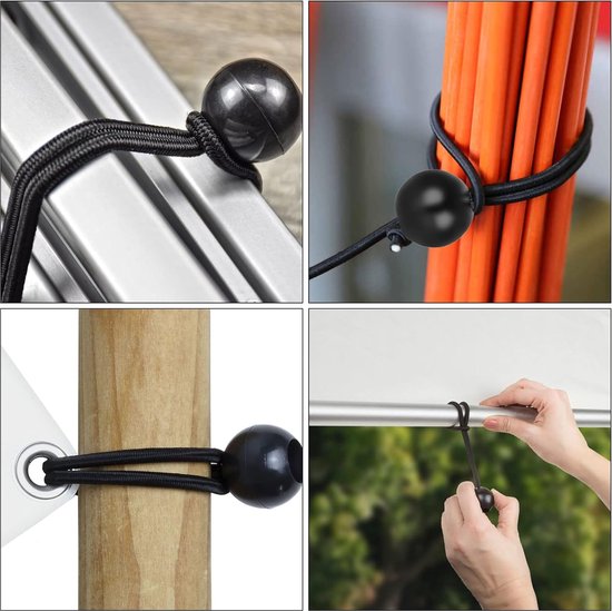 20-Delige Set Zwart Bungee Ballen met Universele Elastische Band - Zeilklemmen - Zeilspanner Met Bal - Spanrubbers - Tentspanners - Tentspanner Spanelastiek 1 - Perfect voor Kampeerzeilen en Afdekzeilen - Zwart