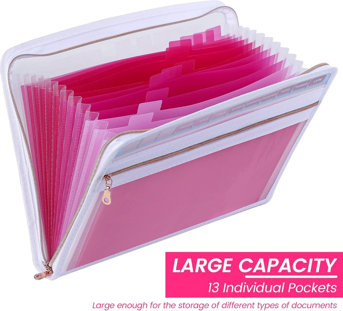Documentenmap A4 13 vakken, uitbreidbare ordners met ritssluiting, draagbaar kunststof papierwerk met tags voor kantoor en school (roze) - Merkloos