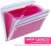 Documentenmap A4 13 vakken, uitbreidbare ordners met ritssluiting, draagbaar kunststof papierwerk met tags voor kantoor en school (roze)