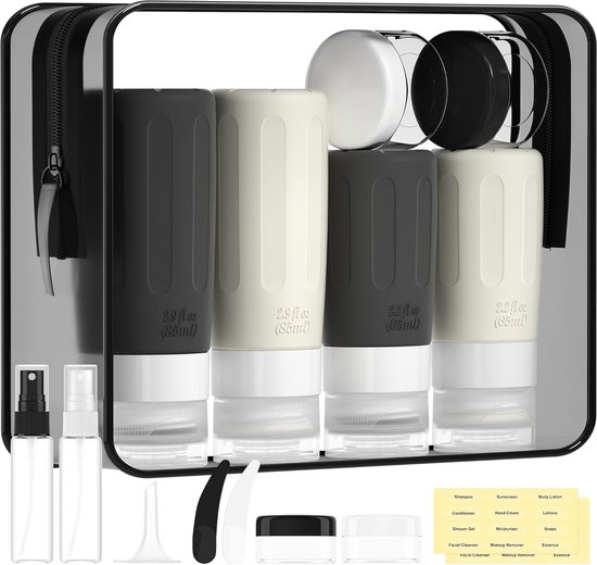 Reisflessen om te vullen, 16-delige reisset, met toilettas, lekvrij, navulbaar, TSA-goedgekeurde siliconen reisflessen, gebruikt voor shampoo, lotion spoeling, douchegel, zwart-wit