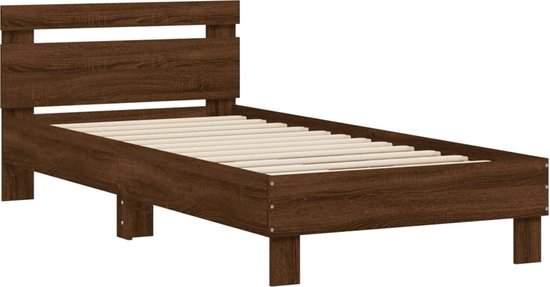 vidaXL - Bedframe - met - hoofdbord - bewerkt - hout - bruin - eikenkleur - 75x190 - cm