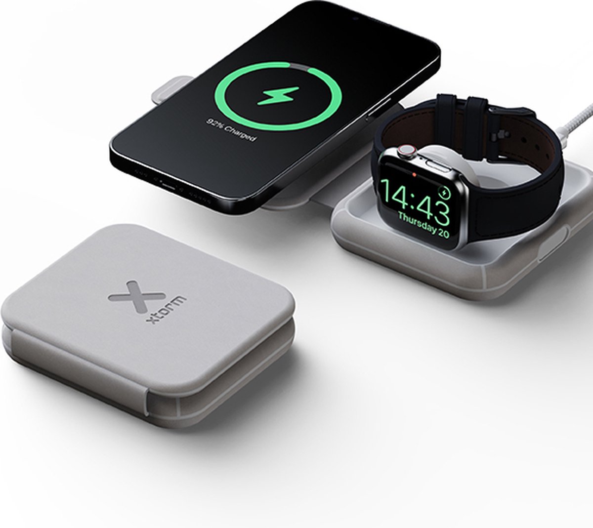 Xtorm 15W Opvouwbare Draadloze Oplader 2-in-1 - Geschikt voor iPhone, AirPods & Apple Watch - Stijlvol Ontwerp - Snelladen - Grijs