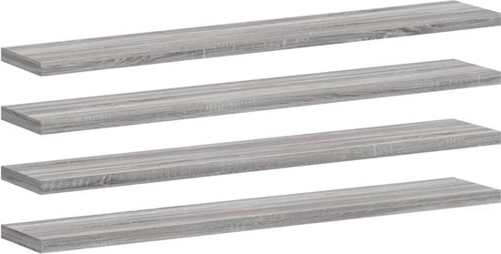 Quatre étagères flottantes en imitation chêne gris, alignées sur un fond blanc.